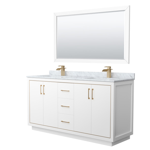 Icon 66 Inch Double Bathroom Vanity In White, White Carrara Marble Countertop, Undermount Square Sinks, Satin Bronze Trim, 58 Inch Mirror