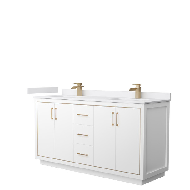 Icon 66 Inch Double Bathroom Vanity In White, White Cultured Marble Countertop, Undermount Square Sinks, Satin Bronze Trim
