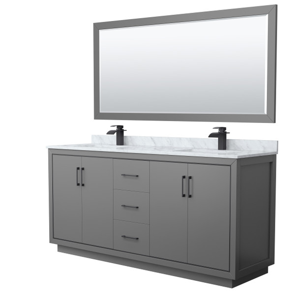 Icon 72 Inch Double Bathroom Vanity In Dark Gray, White Carrara Marble Countertop, Undermount Square Sinks, Matte Black Trim, 70 Inch Mirror