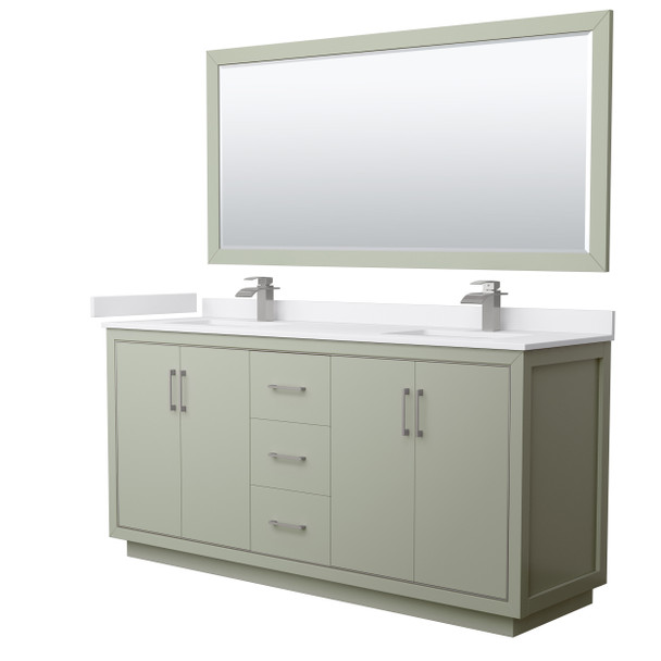 Icon 72 Inch Double Bathroom Vanity In Light Green, White Cultured Marble Countertop, Undermount Square Sinks, Brushed Nickel Trim, 70 Inch Mirror