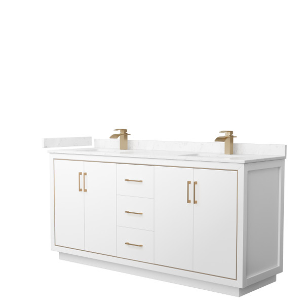 Icon 72 Inch Double Bathroom Vanity In White, Carrara Cultured Marble Countertop, Undermount Square Sinks, Satin Bronze Trim