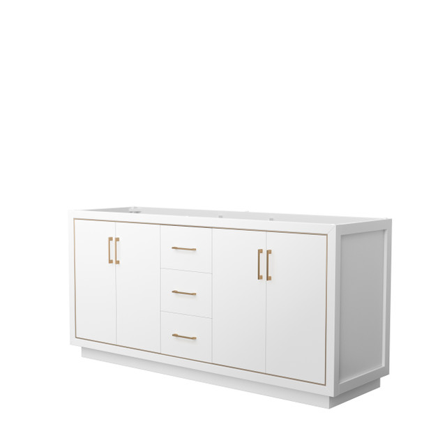 Icon 72 Inch Double Bathroom Vanity In White, No Countertop, No Sink, Satin Bronze Trim
