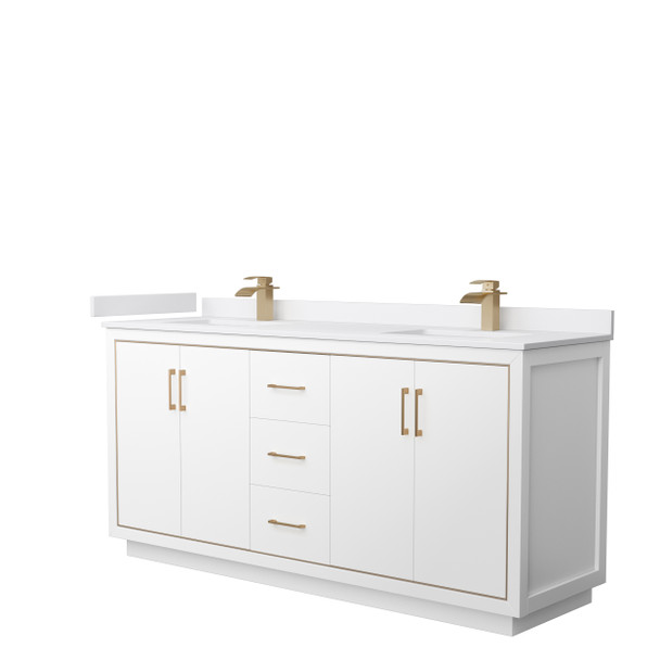 Icon 72 Inch Double Bathroom Vanity In White, White Cultured Marble Countertop, Undermount Square Sinks, Satin Bronze Trim