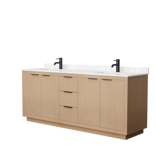 Maroni 80 Inch Double Bathroom Vanity In Light Straw, Carrara Cultured Marble Countertop, Undermount Square Sinks, Matte Black Trim