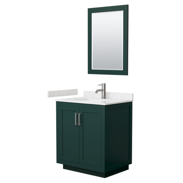 Miranda 30 Inch Single Bathroom Vanity In Green, Carrara Cultured Marble Countertop, Undermount Square Sink, Brushed Nickel Trim, 24 Inch Mirror