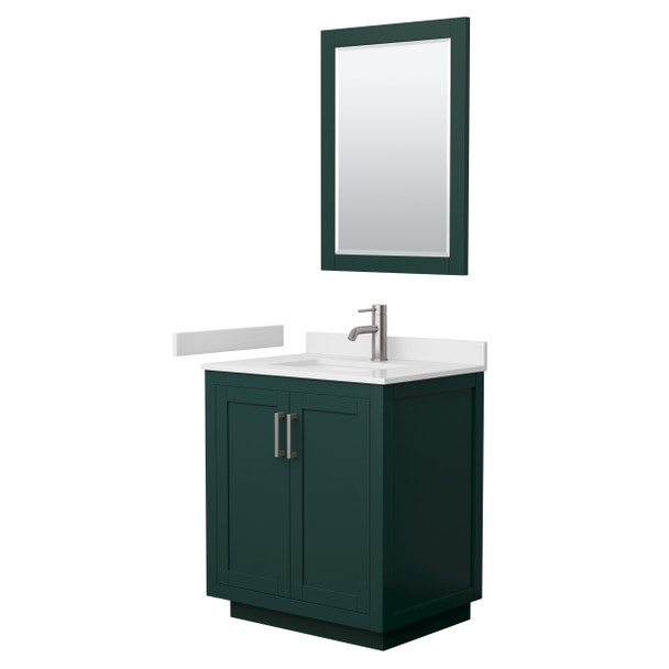 Miranda 30 Inch Single Bathroom Vanity In Green, White Cultured Marble Countertop, Undermount Square Sink, Brushed Nickel Trim, 24 Inch Mirror
