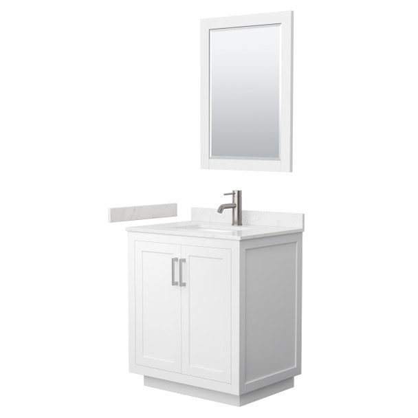 Miranda 30 Inch Single Bathroom Vanity In White, Carrara Cultured Marble Countertop, Undermount Square Sink, Brushed Nickel Trim, 24 Inch Mirror
