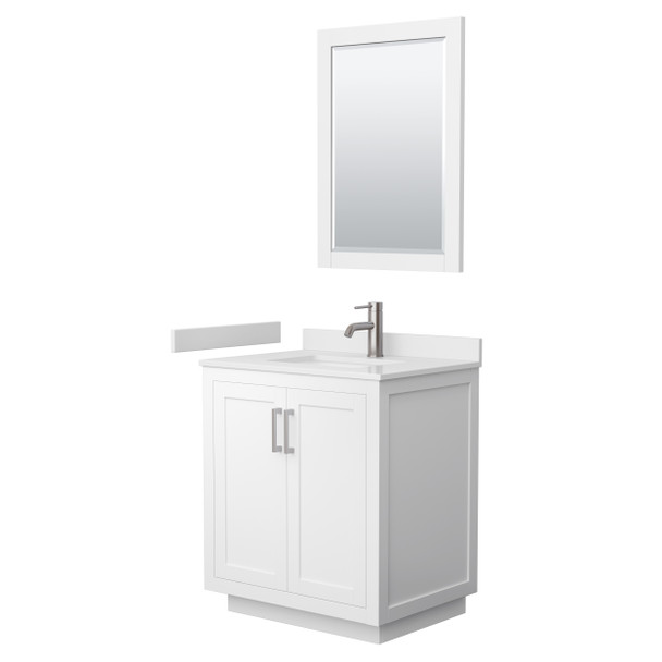 Miranda 30 Inch Single Bathroom Vanity In White, White Cultured Marble Countertop, Undermount Square Sink, Brushed Nickel Trim, 24 Inch Mirror