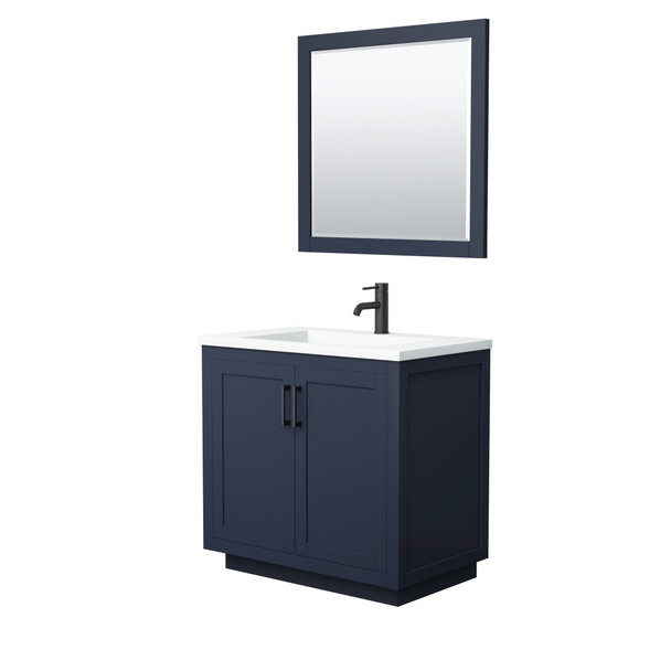 Miranda 36 Inch Single Bathroom Vanity In Dark Blue, 1.25 Inch Thick Matte White Solid Surface Countertop, Integrated Sink, Matte Black Trim, 34 Inch Mirror