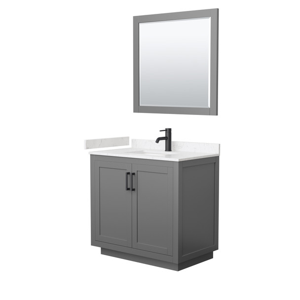 Miranda 36 Inch Single Bathroom Vanity In Dark Gray, Carrara Cultured Marble Countertop, Undermount Square Sink, Matte Black Trim, 34 Inch Mirror