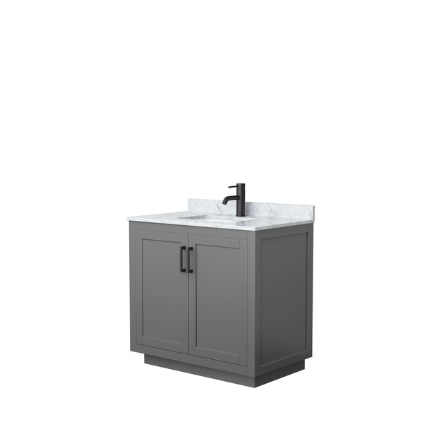 Miranda 36 Inch Single Bathroom Vanity In Dark Gray, White Carrara Marble Countertop, Undermount Square Sink, Matte Black Trim