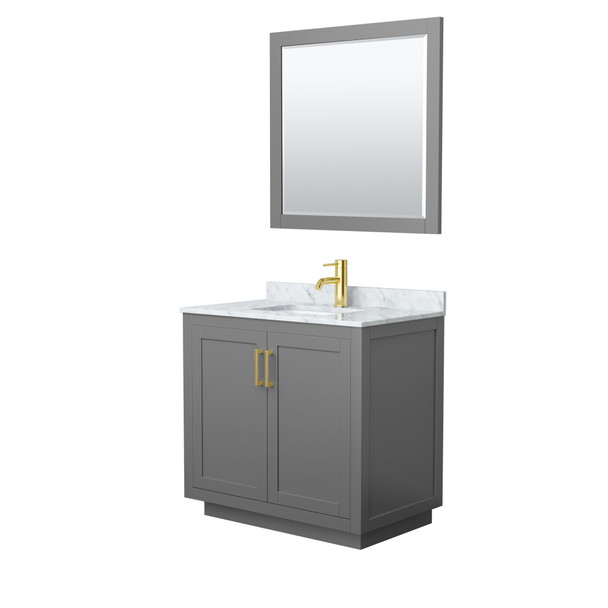 Miranda 36 Inch Single Bathroom Vanity In Dark Gray, White Carrara Marble Countertop, Undermount Square Sink, Brushed Gold Trim, 34 Inch Mirror