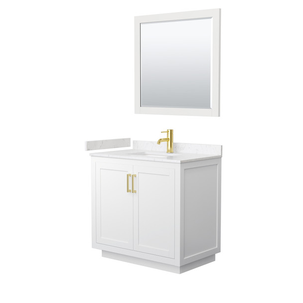 Miranda 36 Inch Single Bathroom Vanity In White, Carrara Cultured Marble Countertop, Undermount Square Sink, Brushed Gold Trim, 34 Inch Mirror