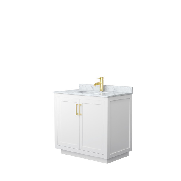 Miranda 36 Inch Single Bathroom Vanity In White, White Carrara Marble Countertop, Undermount Square Sink, Brushed Gold Trim
