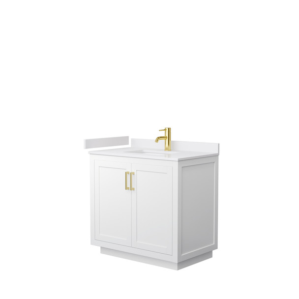 Miranda 36 Inch Single Bathroom Vanity In White, White Cultured Marble Countertop, Undermount Square Sink, Brushed Gold Trim