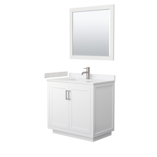 Miranda 36 Inch Single Bathroom Vanity In White, Carrara Cultured Marble Countertop, Undermount Square Sink, Brushed Nickel Trim, 34 Inch Mirror