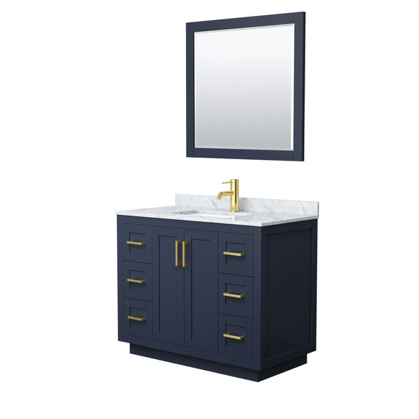 Miranda 42 Inch Single Bathroom Vanity In Dark Blue, White Carrara Marble Countertop, Undermount Square Sink, Brushed Gold Trim, 34 Inch Mirror
