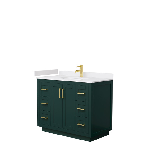 Miranda 42 Inch Single Bathroom Vanity In Green, White Cultured Marble Countertop, Undermount Square Sink, Brushed Gold Trim