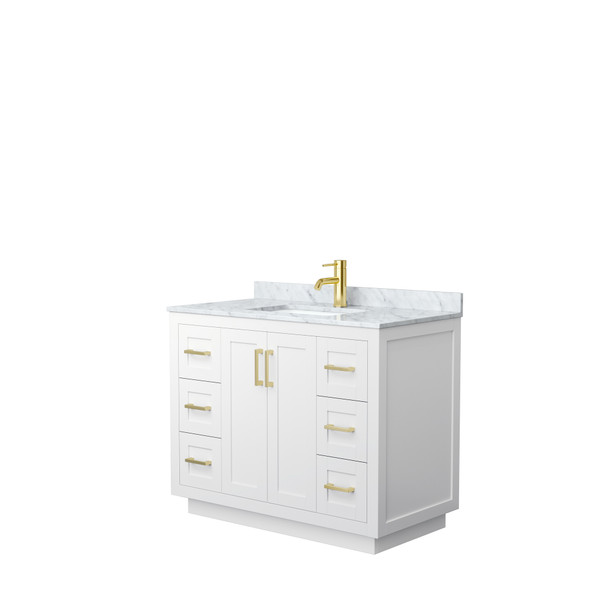 Miranda 42 Inch Single Bathroom Vanity In White, White Carrara Marble Countertop, Undermount Square Sink, Brushed Gold Trim