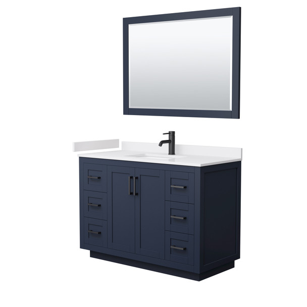 Miranda 48 Inch Single Bathroom Vanity In Dark Blue, White Cultured Marble Countertop, Undermount Square Sink, Matte Black Trim, 46 Inch Mirror