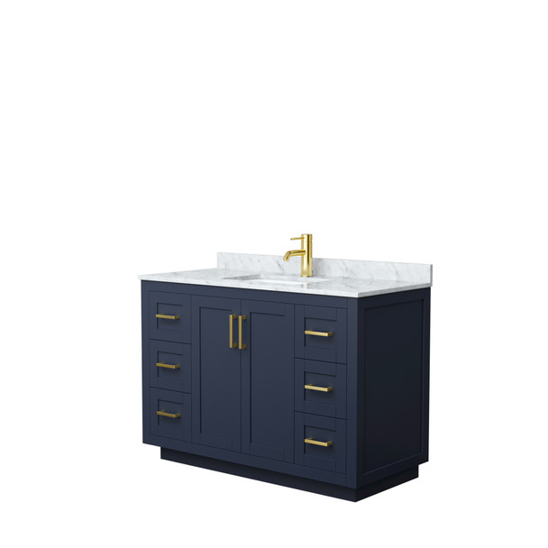 Miranda 48 Inch Single Bathroom Vanity In Dark Blue, White Carrara Marble Countertop, Undermount Square Sink, Brushed Gold Trim