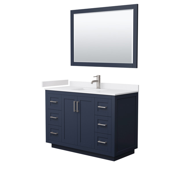 Miranda 48 Inch Single Bathroom Vanity In Dark Blue, White Cultured Marble Countertop, Undermount Square Sink, Brushed Nickel Trim, 46 Inch Mirror