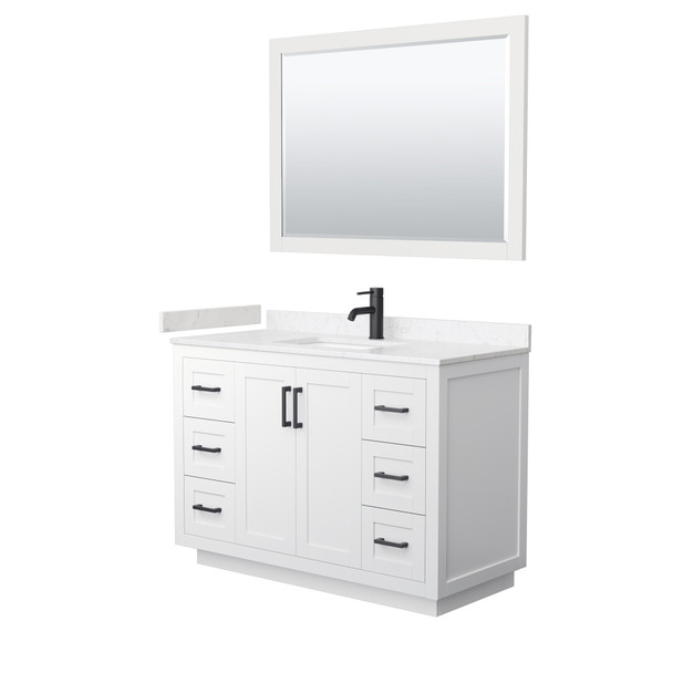 Miranda 48 Inch Single Bathroom Vanity In White, Carrara Cultured Marble Countertop, Undermount Square Sink, Matte Black Trim, 46 Inch Mirror