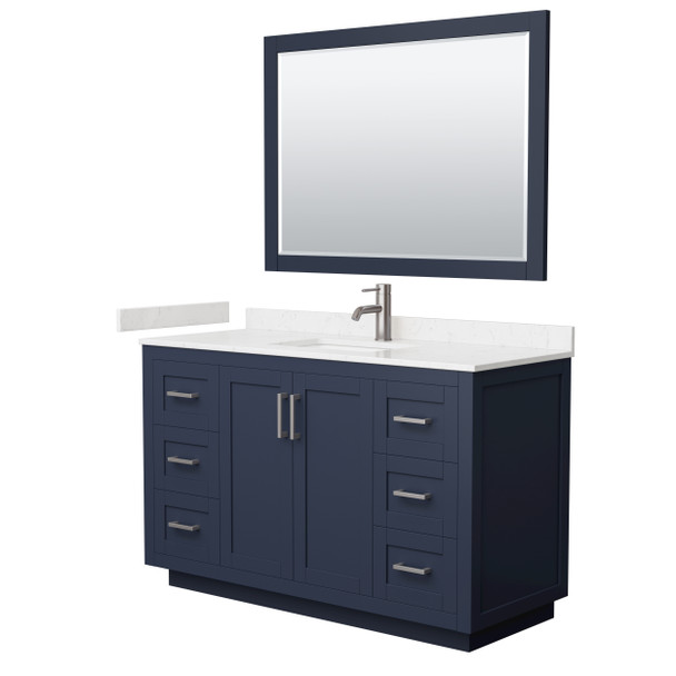 Miranda 54 Inch Single Bathroom Vanity In Dark Blue, Carrara Cultured Marble Countertop, Undermount Square Sink, Brushed Nickel Trim, 46 Inch Mirror
