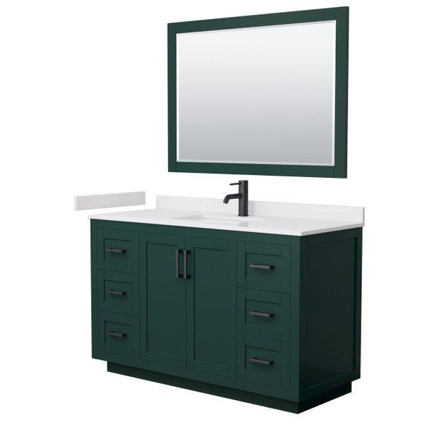 Miranda 54 Inch Single Bathroom Vanity In Green, White Cultured Marble Countertop, Undermount Square Sink, Matte Black Trim, 46 Inch Mirror