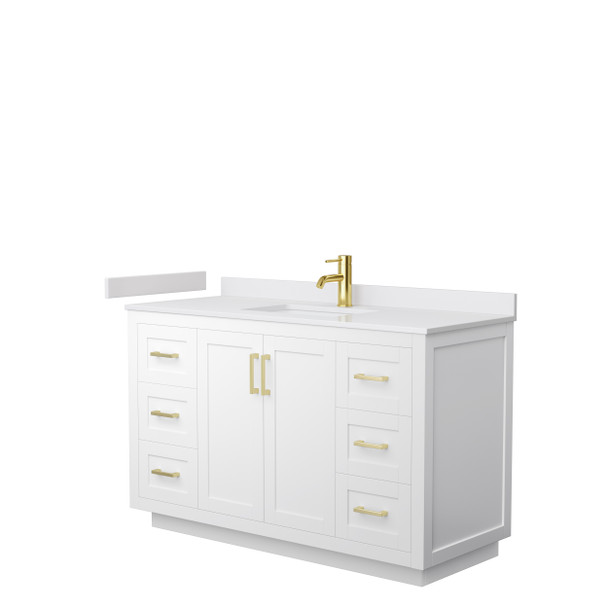 Miranda 54 Inch Single Bathroom Vanity In White, White Cultured Marble Countertop, Undermount Square Sink, Brushed Gold Trim