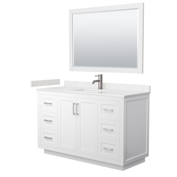 Miranda 54 Inch Single Bathroom Vanity In White, Carrara Cultured Marble Countertop, Undermount Square Sink, Brushed Nickel Trim, 46 Inch Mirror