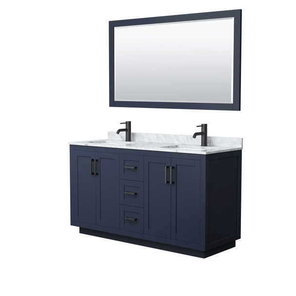Miranda 60 Inch Double Bathroom Vanity In Dark Blue, White Carrara Marble Countertop, Undermount Square Sinks, Matte Black Trim, 58 Inch Mirror