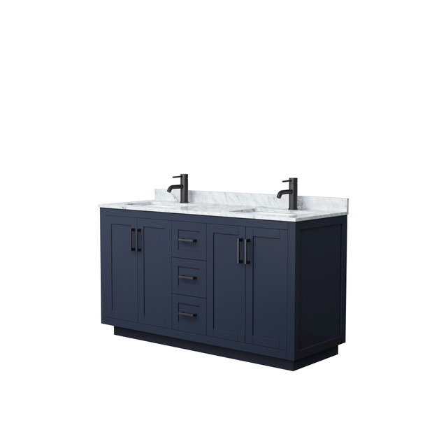 Miranda 60 Inch Double Bathroom Vanity In Dark Blue, White Carrara Marble Countertop, Undermount Square Sinks, Matte Black Trim