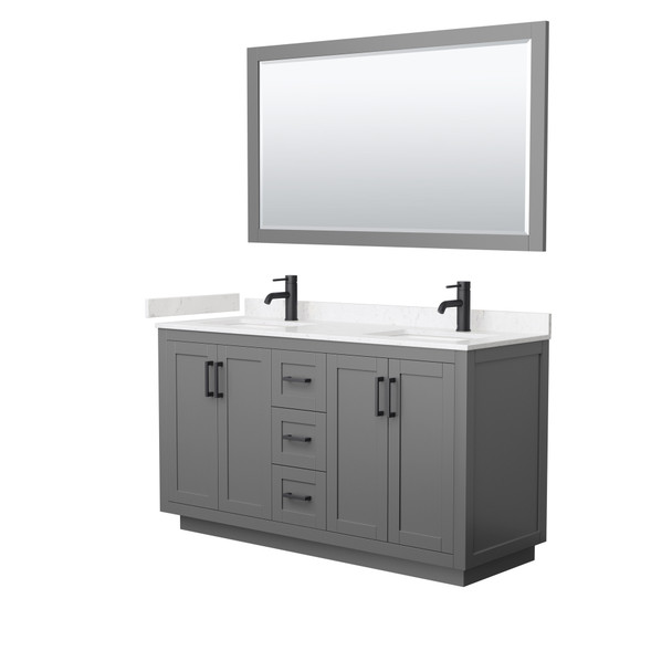 Miranda 60 Inch Double Bathroom Vanity In Dark Gray, Carrara Cultured Marble Countertop, Undermount Square Sinks, Matte Black Trim, 58 Inch Mirror