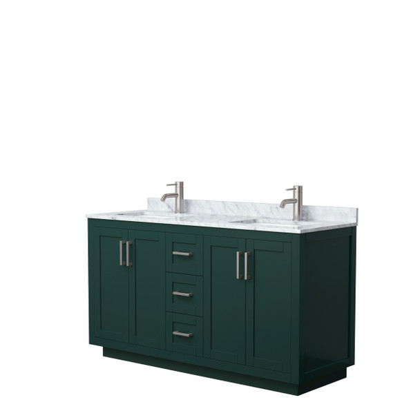 Miranda 60 Inch Double Bathroom Vanity In Green, White Carrara Marble Countertop, Undermount Square Sinks, Brushed Nickel Trim