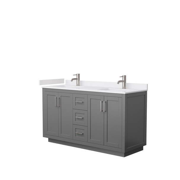 Miranda 60 Inch Double Bathroom Vanity In Dark Gray, White Cultured Marble Countertop, Undermount Square Sinks, Brushed Nickel Trim