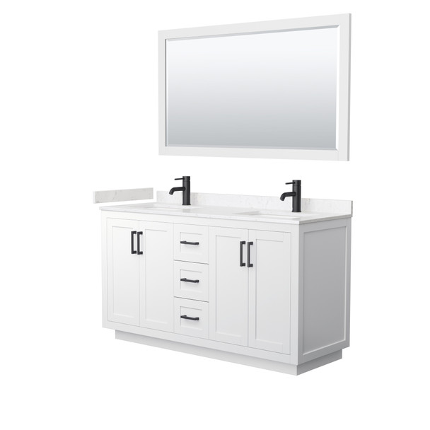 Miranda 60 Inch Double Bathroom Vanity In White, Carrara Cultured Marble Countertop, Undermount Square Sinks, Matte Black Trim, 58 Inch Mirror