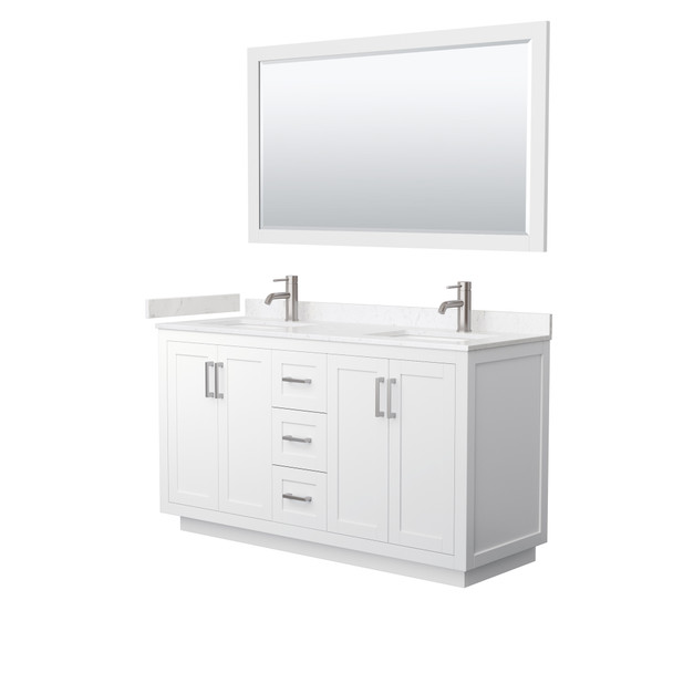 Miranda 60 Inch Double Bathroom Vanity In White, Carrara Cultured Marble Countertop, Undermount Square Sinks, Brushed Nickel Trim, 58 Inch Mirror