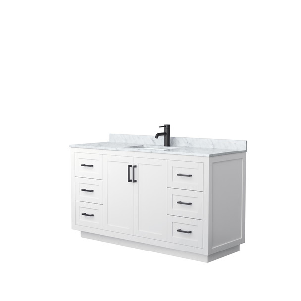 Miranda 60 Inch Single Bathroom Vanity In White, White Carrara Marble Countertop, Undermount Square Sink, Matte Black Trim