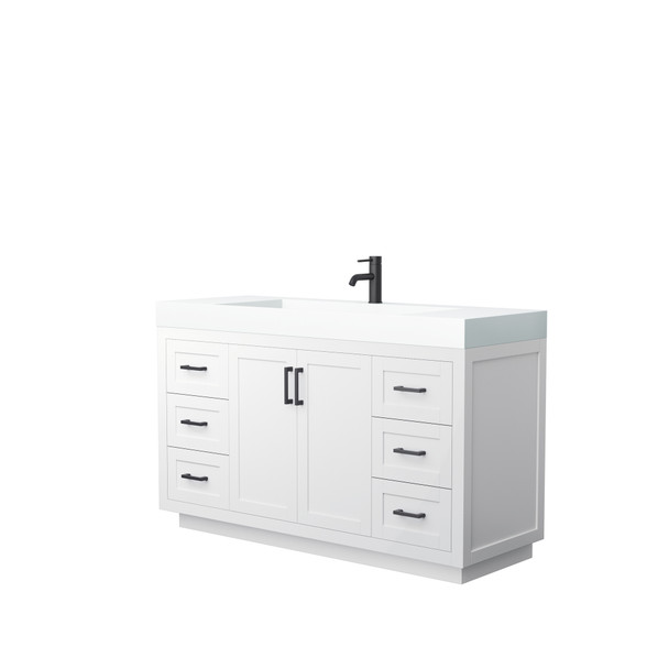 Miranda 60 Inch Single Bathroom Vanity In White, 4 Inch Thick Matte White Solid Surface Countertop, Integrated Sink, Matte Black Trim