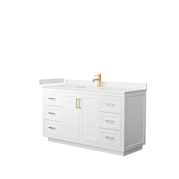 Miranda 60 Inch Single Bathroom Vanity In White, Carrara Cultured Marble Countertop, Undermount Square Sink, Brushed Gold Trim