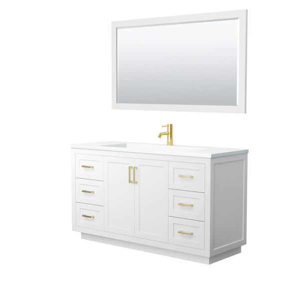 Miranda 60 Inch Single Bathroom Vanity In White, 1.25 Inch Thick Matte White Solid Surface Countertop, Integrated Sink, Brushed Gold Trim, 58 Inch Mirror