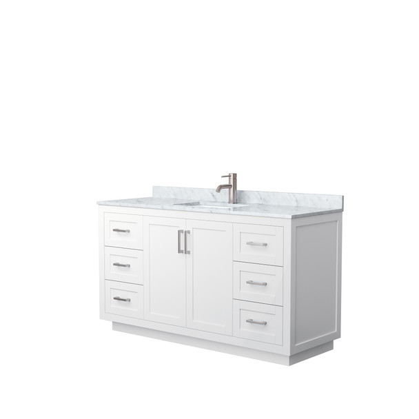 Miranda 60 Inch Single Bathroom Vanity In White, White Carrara Marble Countertop, Undermount Square Sink, Brushed Nickel Trim