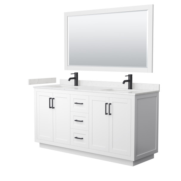 Miranda 66 Inch Double Bathroom Vanity In White, Carrara Cultured Marble Countertop, Undermount Square Sinks, Matte Black Trim, 58 Inch Mirror