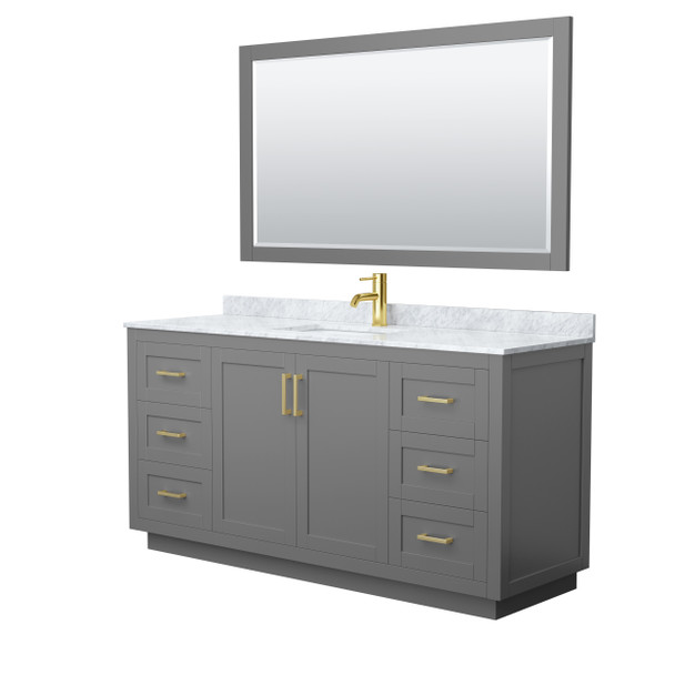 Miranda 66 Inch Single Bathroom Vanity In Dark Gray, White Carrara Marble Countertop, Undermount Square Sink, Brushed Gold Trim, 58 Inch Mirror
