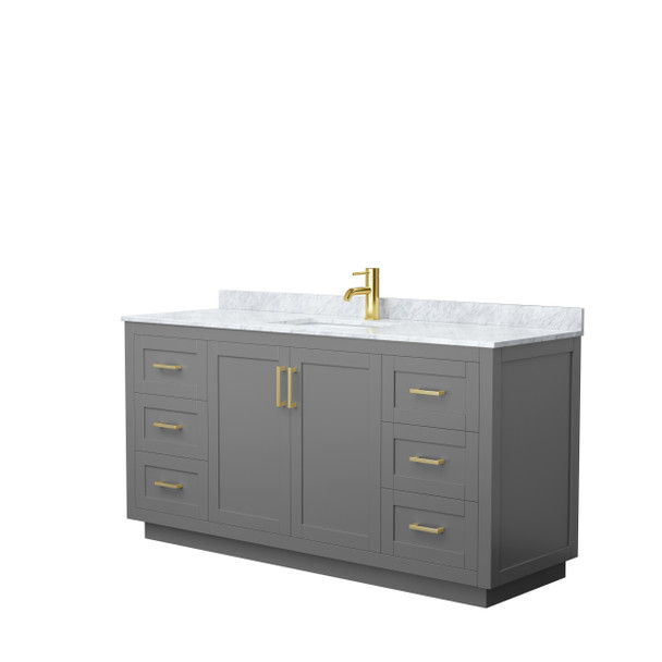 Miranda 66 Inch Single Bathroom Vanity In Dark Gray, White Carrara Marble Countertop, Undermount Square Sink, Brushed Gold Trim