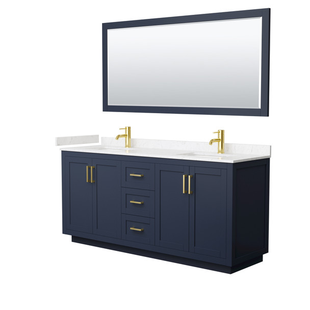 Miranda 72 Inch Double Bathroom Vanity In Dark Blue, Carrara Cultured Marble Countertop, Undermount Square Sinks, Brushed Gold Trim, 70 Inch Mirror