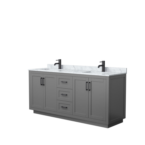 Miranda 72 Inch Double Bathroom Vanity In Dark Gray, White Carrara Marble Countertop, Undermount Square Sinks, Matte Black Trim