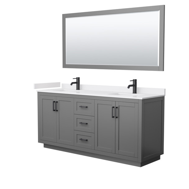 Miranda 72 Inch Double Bathroom Vanity In Dark Gray, White Cultured Marble Countertop, Undermount Square Sinks, Matte Black Trim, 70 Inch Mirror