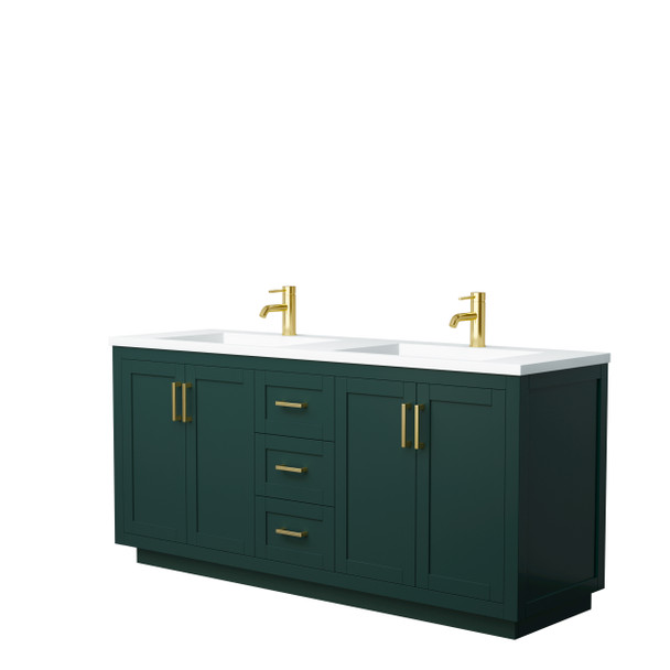 Miranda 72 Inch Double Bathroom Vanity In Green, 1.25 Inch Thick Matte White Solid Surface Countertop, Integrated Sinks, Brushed Gold Trim